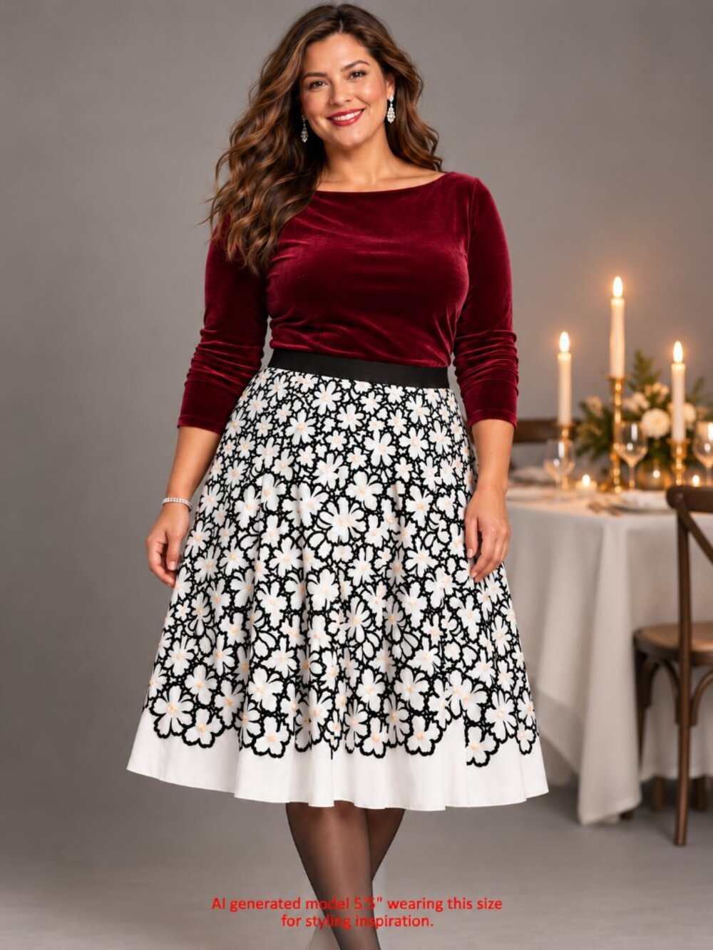 Talbots Black White Embroidered Floral A-Line Midi Skirt 14 Holiday Party
